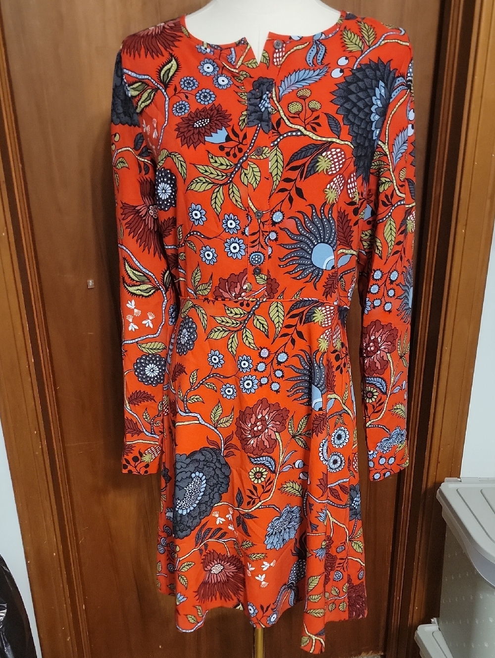Women’s Orange Floral Long-Sleeve Fit & Flare Dress